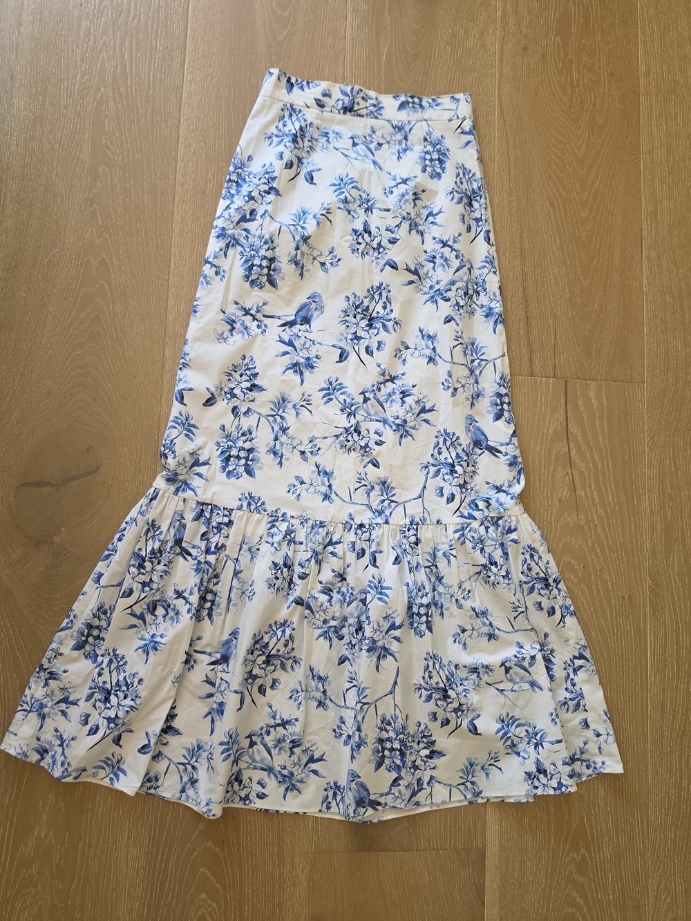 ANTONIO MELANI White Maxi Skirt with Blue Floral & Bird Print